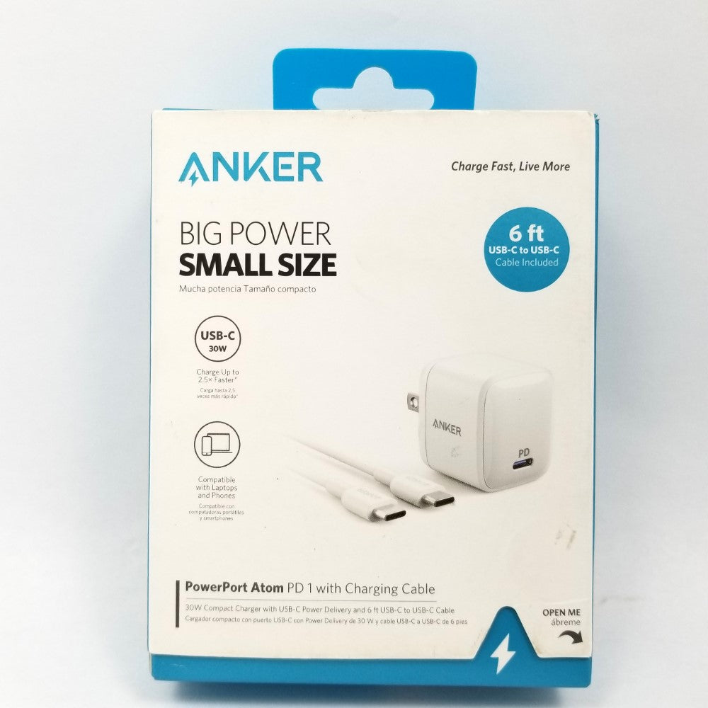 ANKER PowerPort Atom PD 1 (30W) with 6ft USB-C to USB-C Cable - White