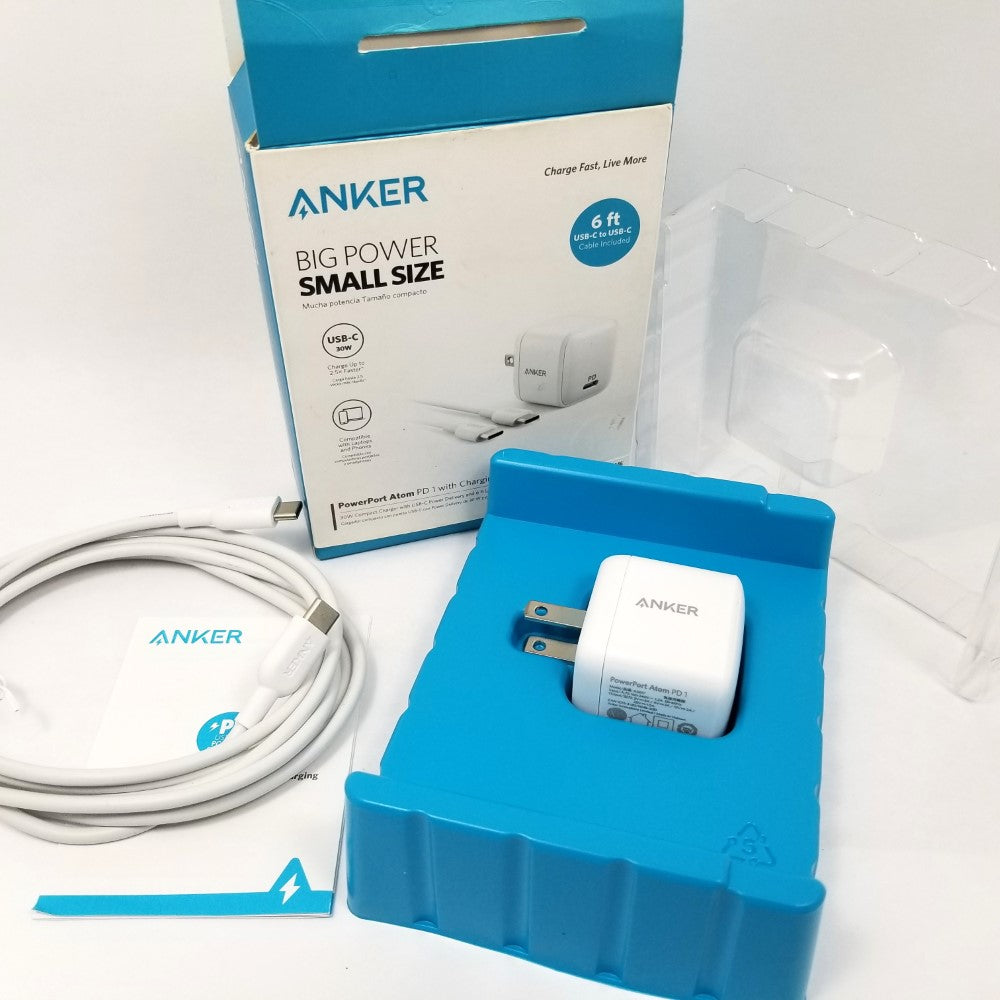 ANKER PowerPort Atom PD 1 (30W) with 6ft USB-C to USB-C Cable - White