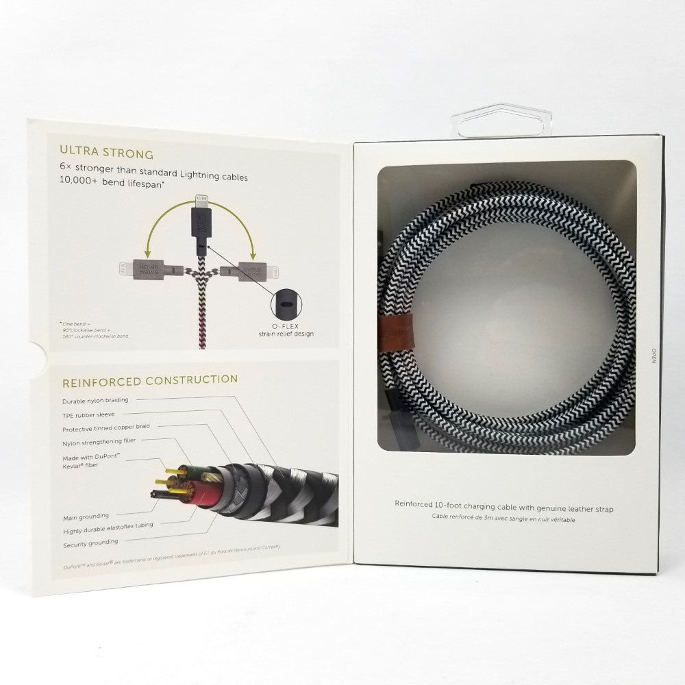 NATIVE UNION Apple MFi Certified Braided 10ft Lightning to USB-A Charging Sync Cable - Zebra