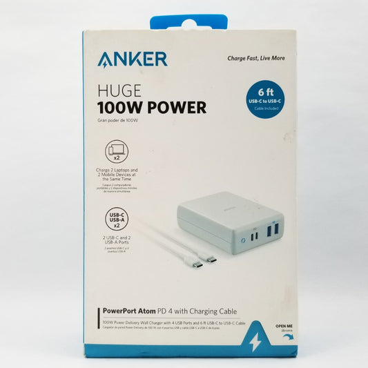 ANKER PowerPort Atom PD 4 100W with 6ft USB-C Cable USB-A Fast Charger - White