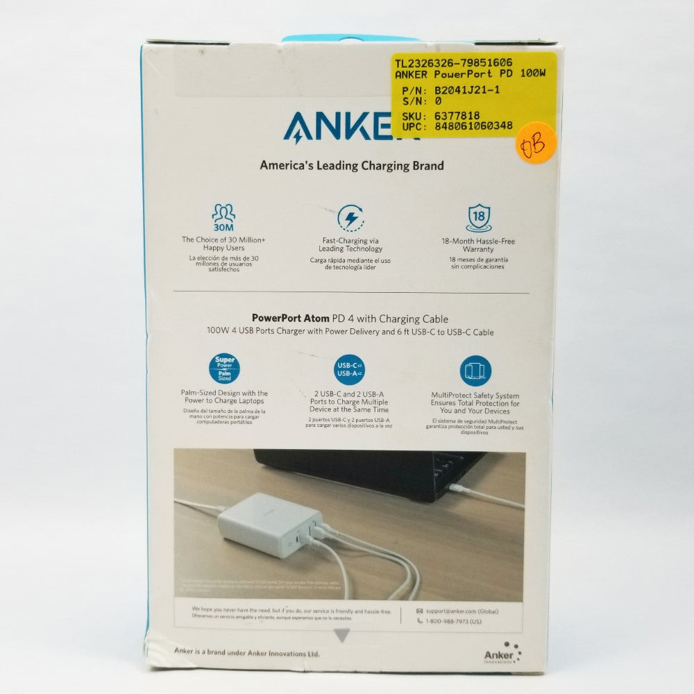 ANKER PowerPort Atom PD 4 100W with 6ft USB-C Cable USB-A Fast Charger - White
