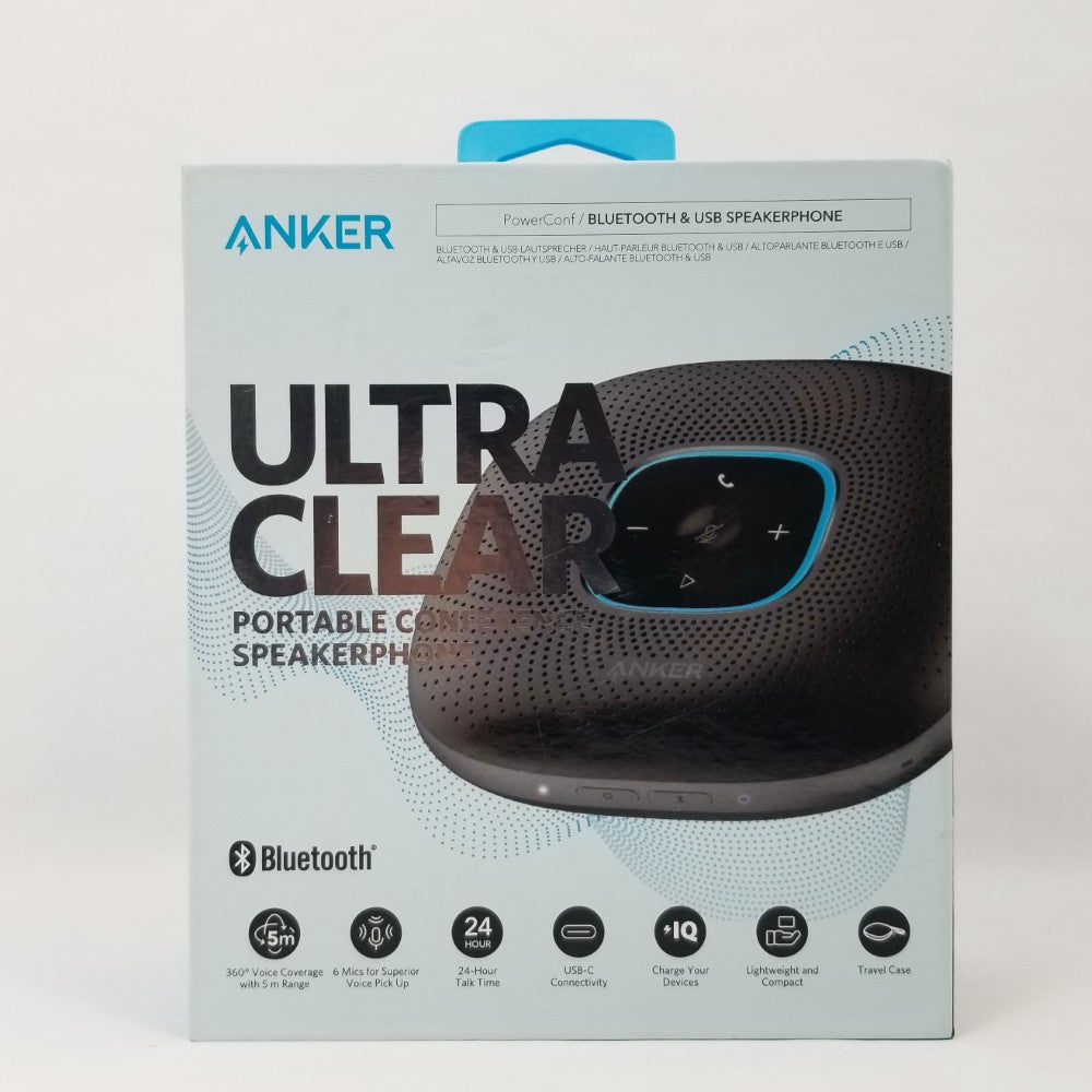 Anker Ultra Clear portable speakerphone packaging on a light gray background
