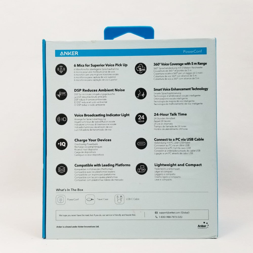 Anker PowerConf back end of packaging with features listed on a white background