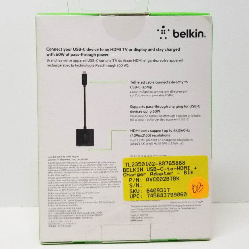 Belkin USB-C to HDMI adapter packaging with product details on a white background