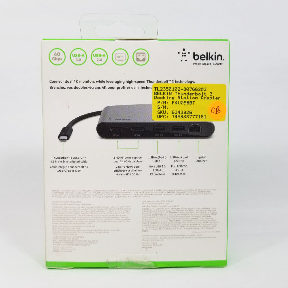 Belkin Thunderbolt 3 docking station adapter packaging back side on a white background