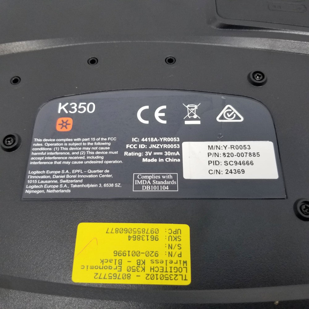 LOGITECH K350 Ergonomic Wireless Keyboard - bottom label
