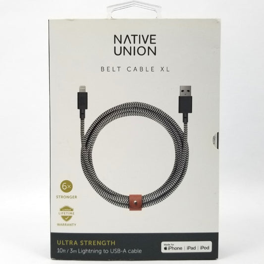 NATIVE UNION Apple MFi Certified Braided 10ft Lightning to USB-A Charging Sync Cable - Zebra