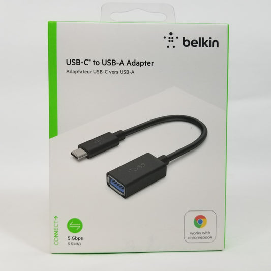 Belkin USB-C to USB-A adapter packaging on a white background