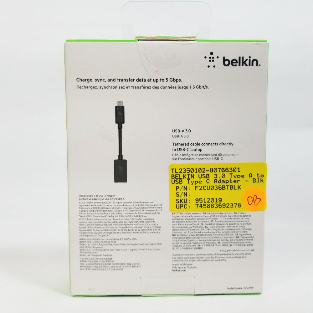 Back side Belkin USB cable packaging with product details on a white background
