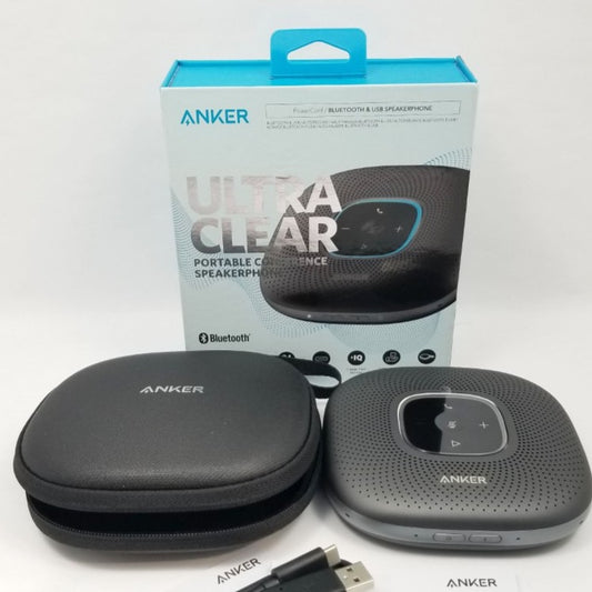 Anker portable conference speakerphone with packaging and accessories on a white background