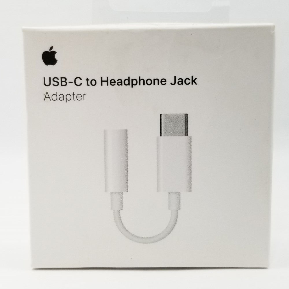 An Apple USB-C to 3.5mm Headphone Jack Adapter in white color, displayed in its packaging.