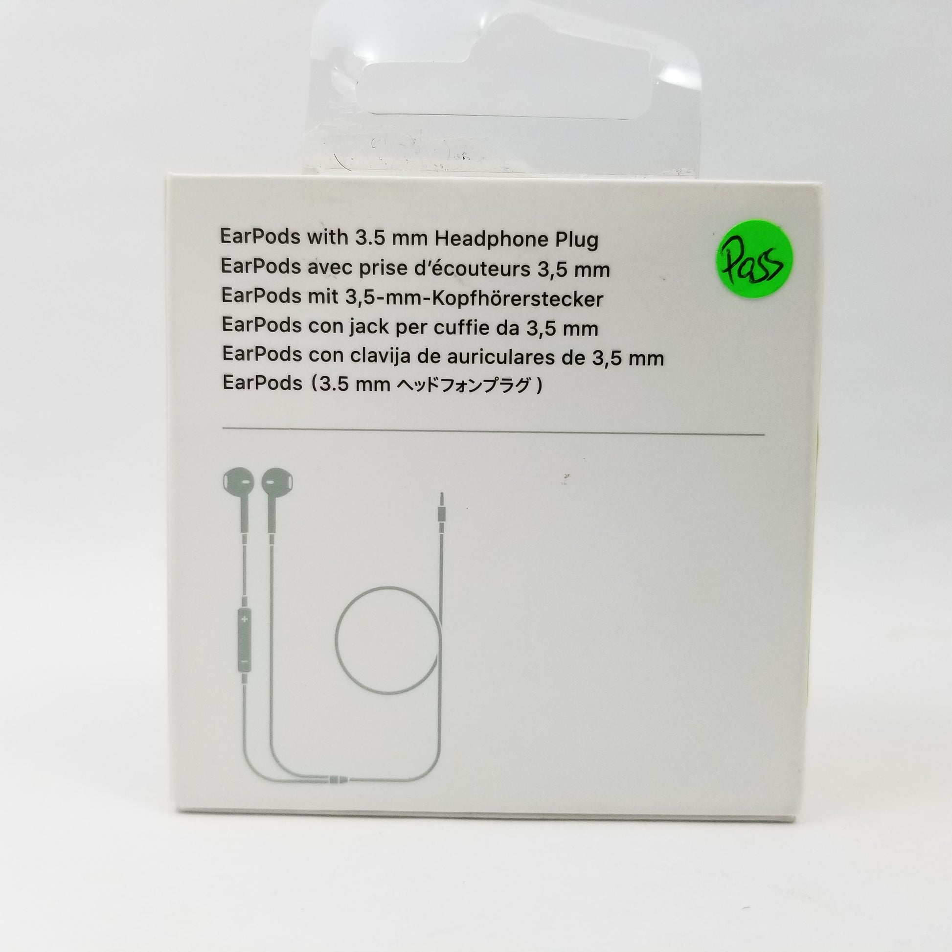 Manufacturer inscriptions on the back side of retail packaging for Apple EarPods all against a white background.