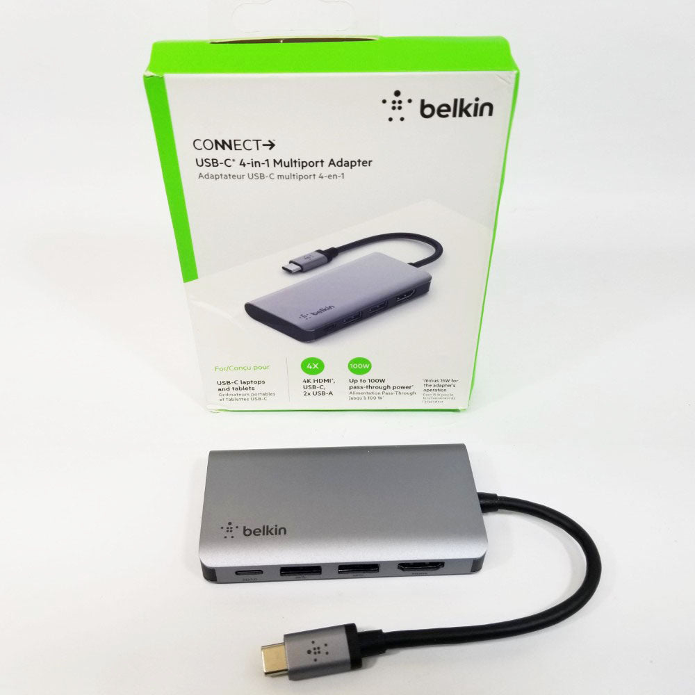 Belkin USB-C 4-in-1 multiport adapter with packaging on a white background