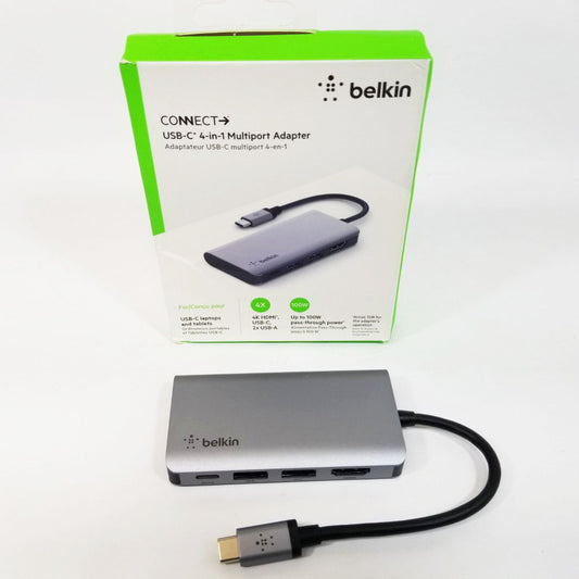 Belkin USB-C 4-in-1 multiport adapter with packaging on a white background