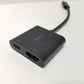Black Belkin adapter with HDMI and USB-C ports on a white background