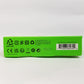 Green bottom of packaging with recycling symbols and text on a white background