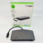 Belkin USB-C hub with cable and packaging on a white background