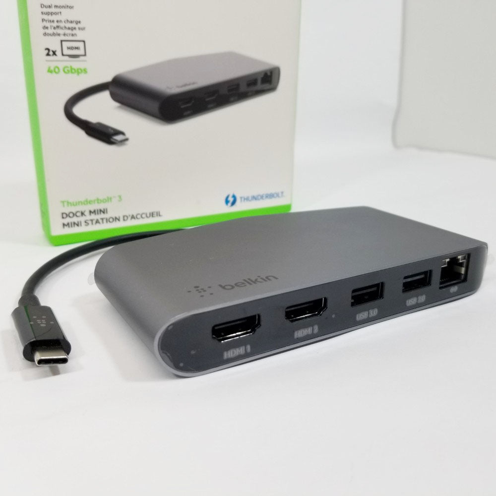 Belkin Thunderbolt 3 dock with multiple ports on a white background, featuring the Belkin logo.
