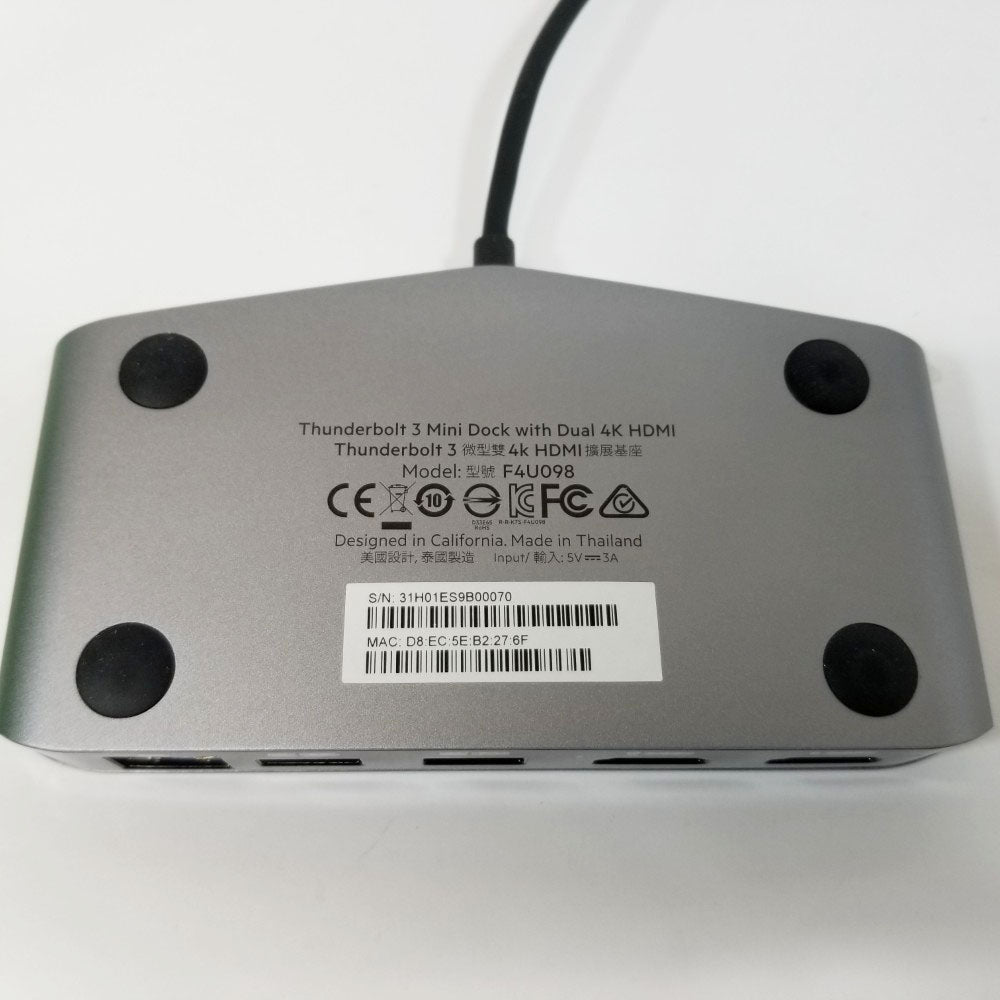 Back view of a Thunderbolt 3 mini dock with dual 4K HDMI on a white background