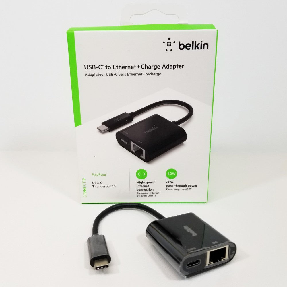 Belkin USB-C to Ethernet + Charge Adapter with packaging on a white background