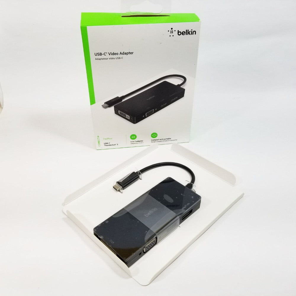 Belkin USB-C video adapter with packaging on a white background
