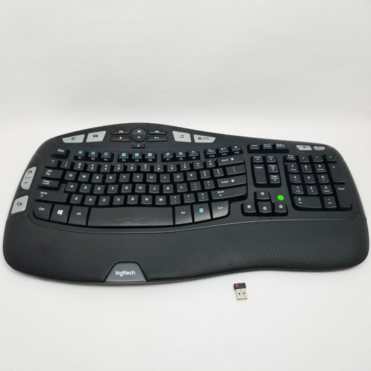 LOGITECH K350 Ergonomic Wireless Keyboard - top view including unifying receiver
