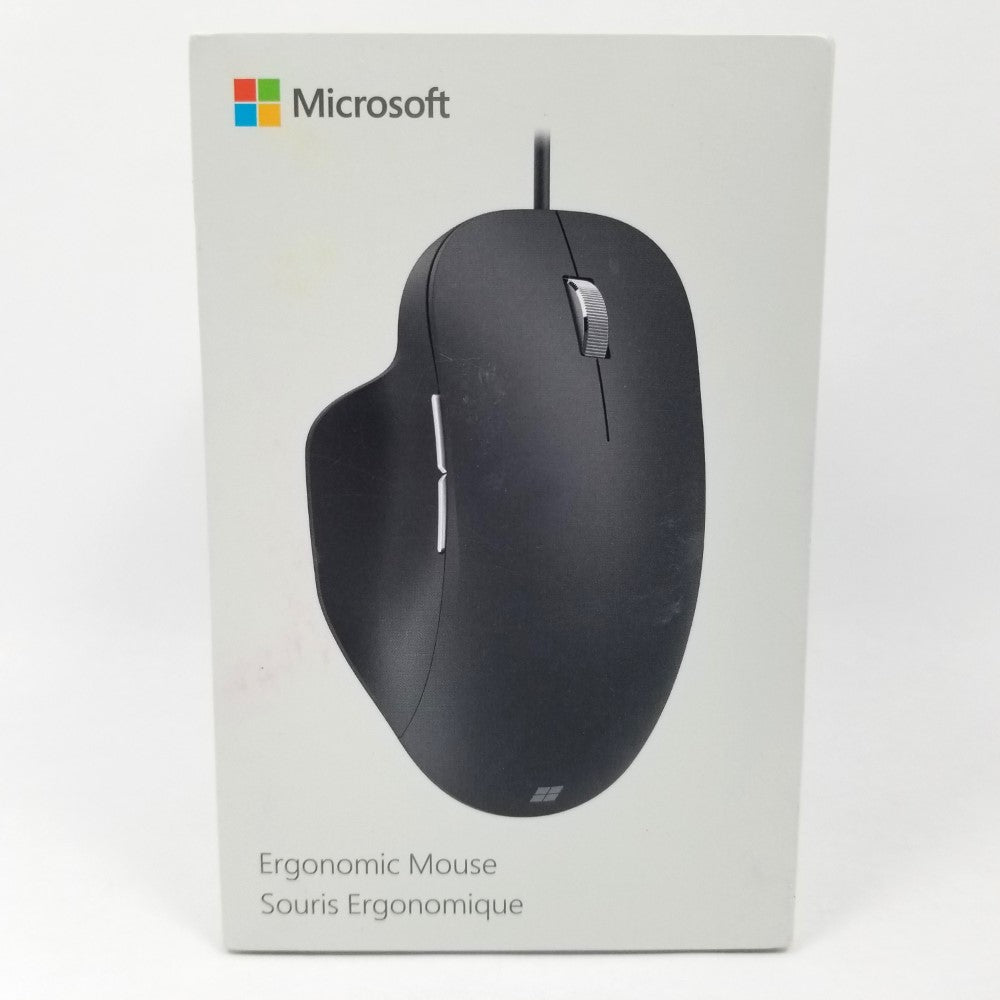 Microsoft Ergonomic Mouse in black color, displayed on its packaging.