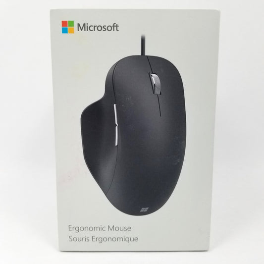 Microsoft Ergonomic Mouse in black color, displayed on its packaging.
