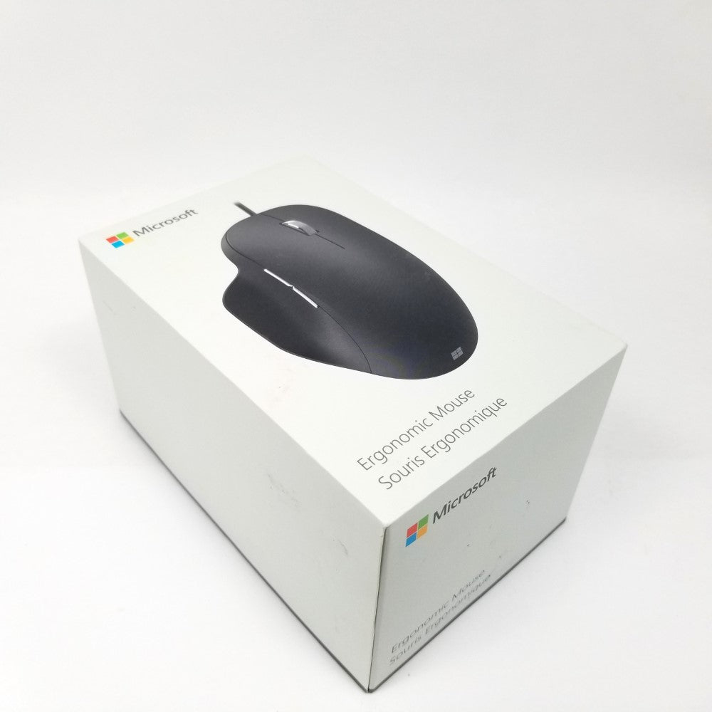 Retail packaging for Microsoft wired ergonomic mouse sitting on a white surface