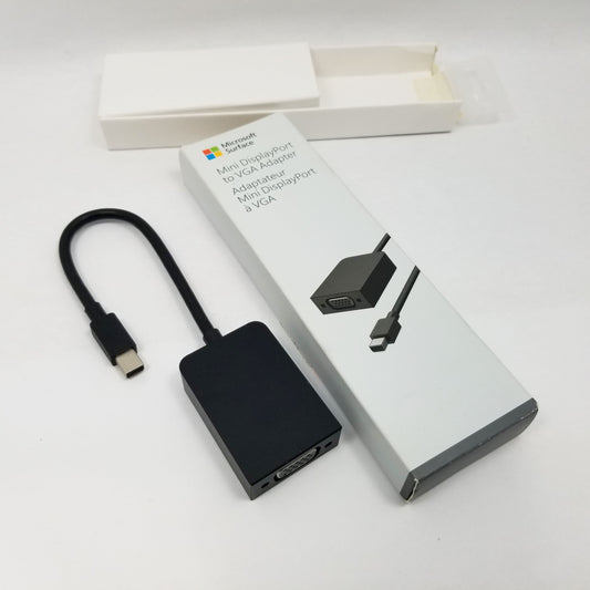 Microsoft DisplayPort to VGA adapter with packaging on a white background