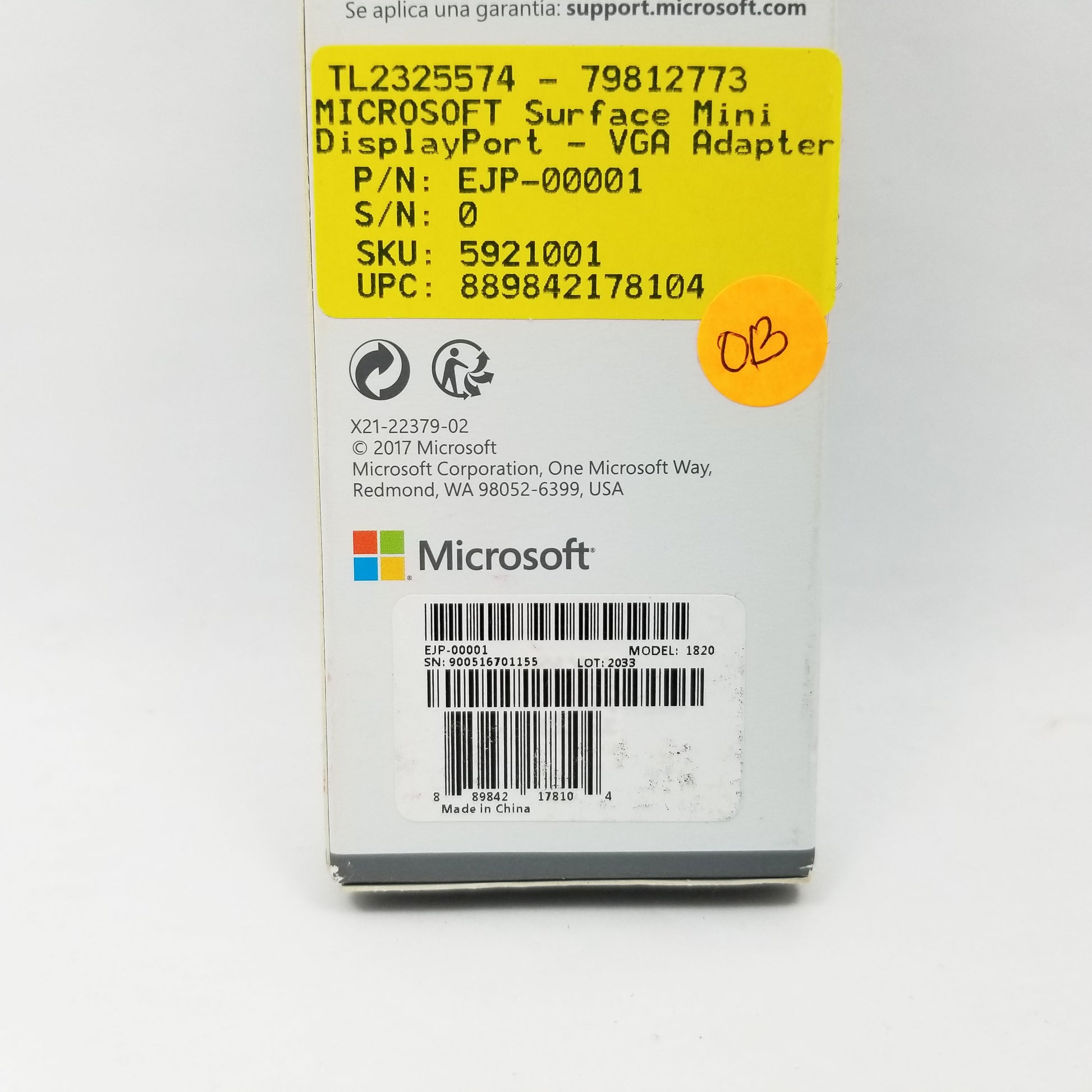 Microsoft Surface Mini DisplayPort to VGA adapter packaging with label on a white background