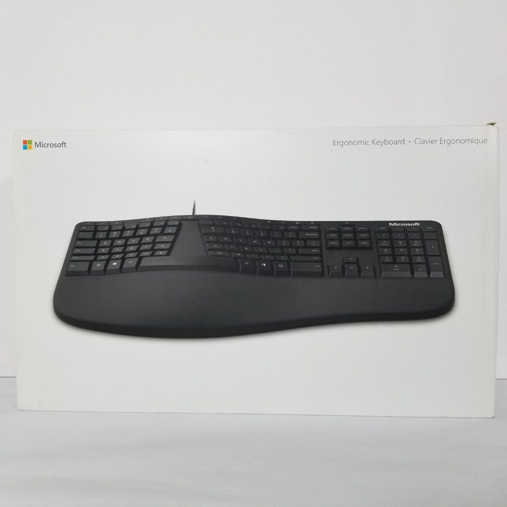 MICROSOFT Wired Ergonomic keyboard image on retail packaging against white background