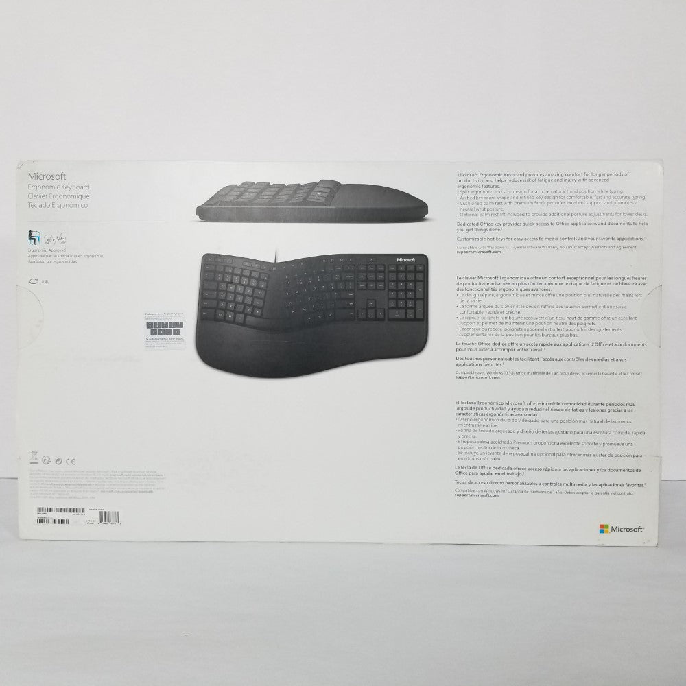MICROSOFT Wired Ergonomic Keyboard bottom view retail packaging against white background