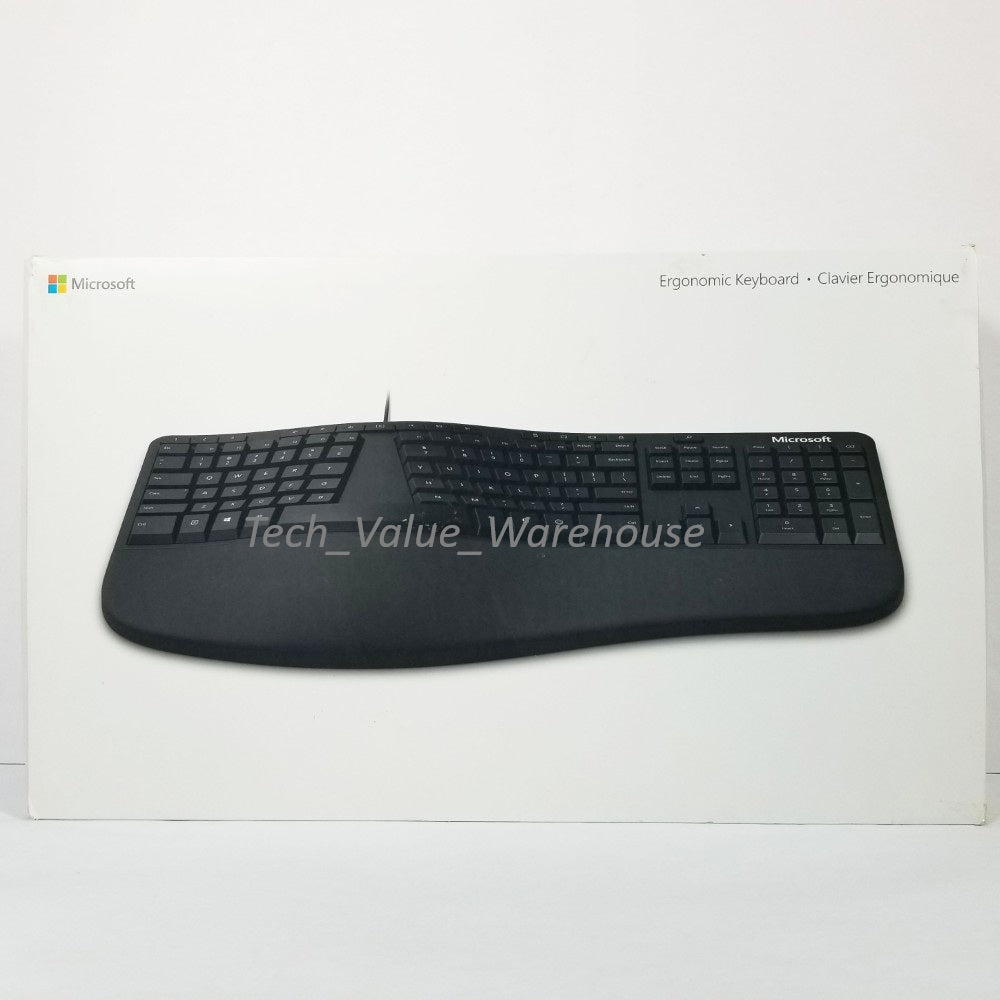 Microsoft Wired Ergonomic Keyboard in black color displayed on a box, with its image reflecting on the surface.
