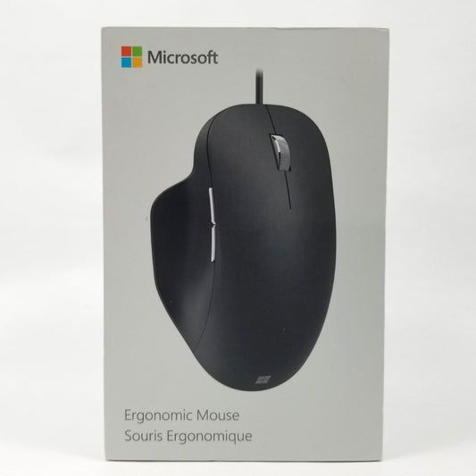 Microsoft Ergonomic Mouse in black color, displayed on its packaging.
