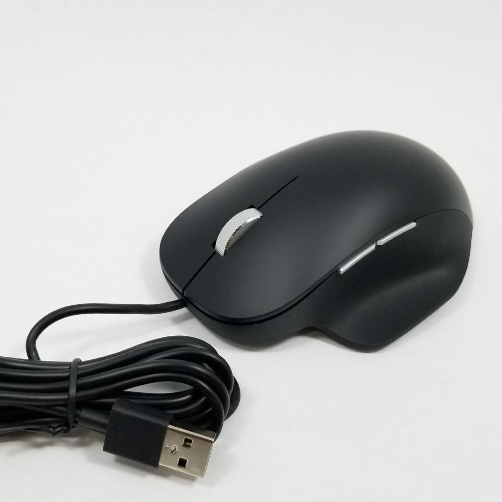 Black computer mouse with USB cable on a white background