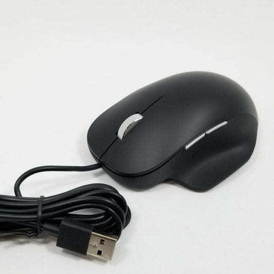 Black computer mouse with USB cable on a white background