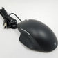 Black computer mouse with USB cable on a white background