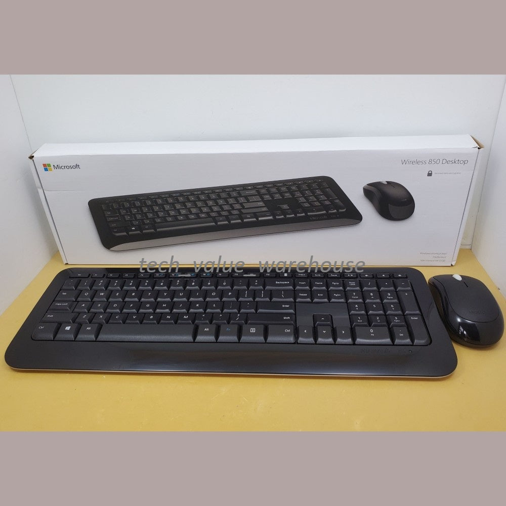 Microsoft Wireless Desktop 850 Keyboard and Mouse set in black, displayed alongside their packaging.