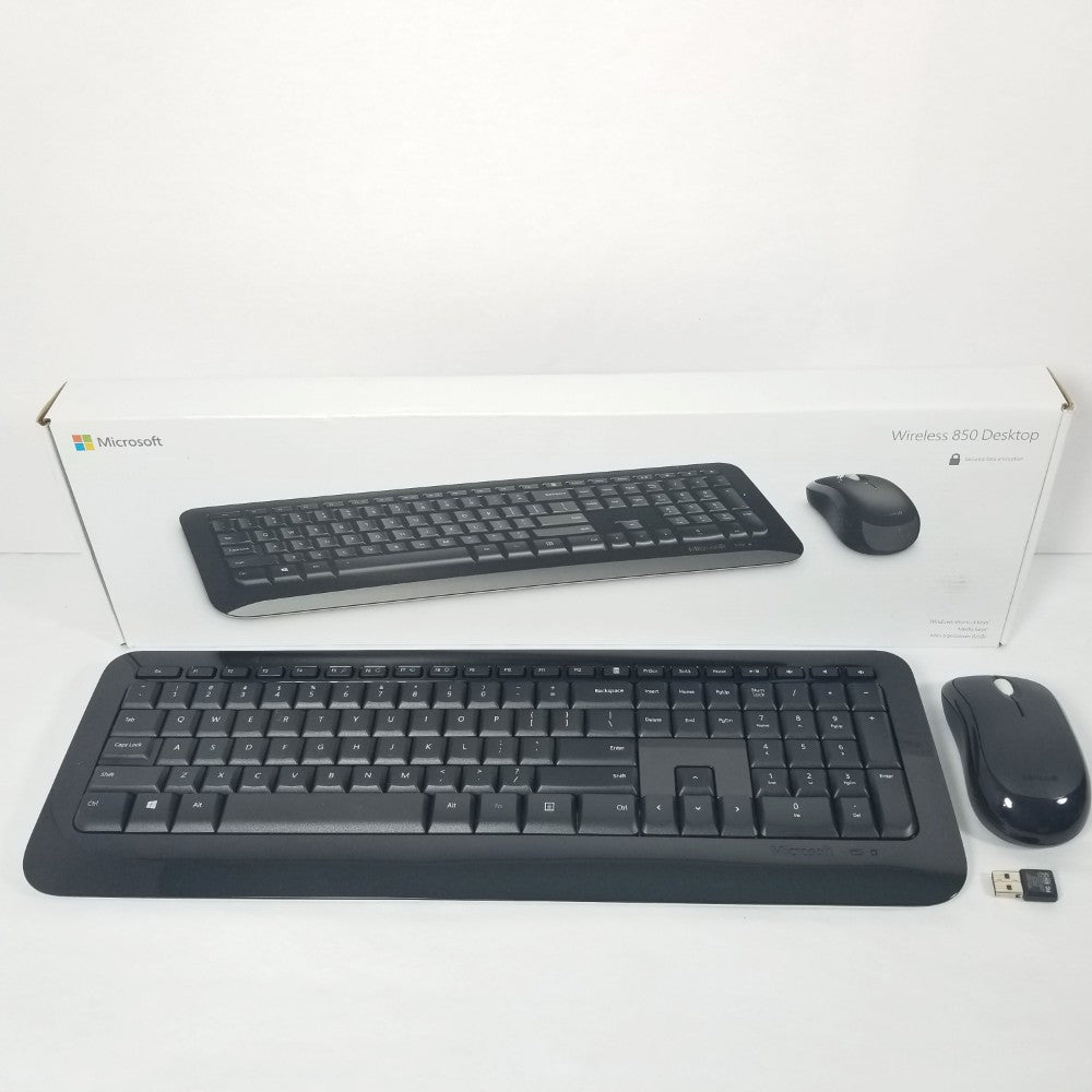 Microsoft Wireless Desktop 850 Keyboard and Mouse in black, with packaging.