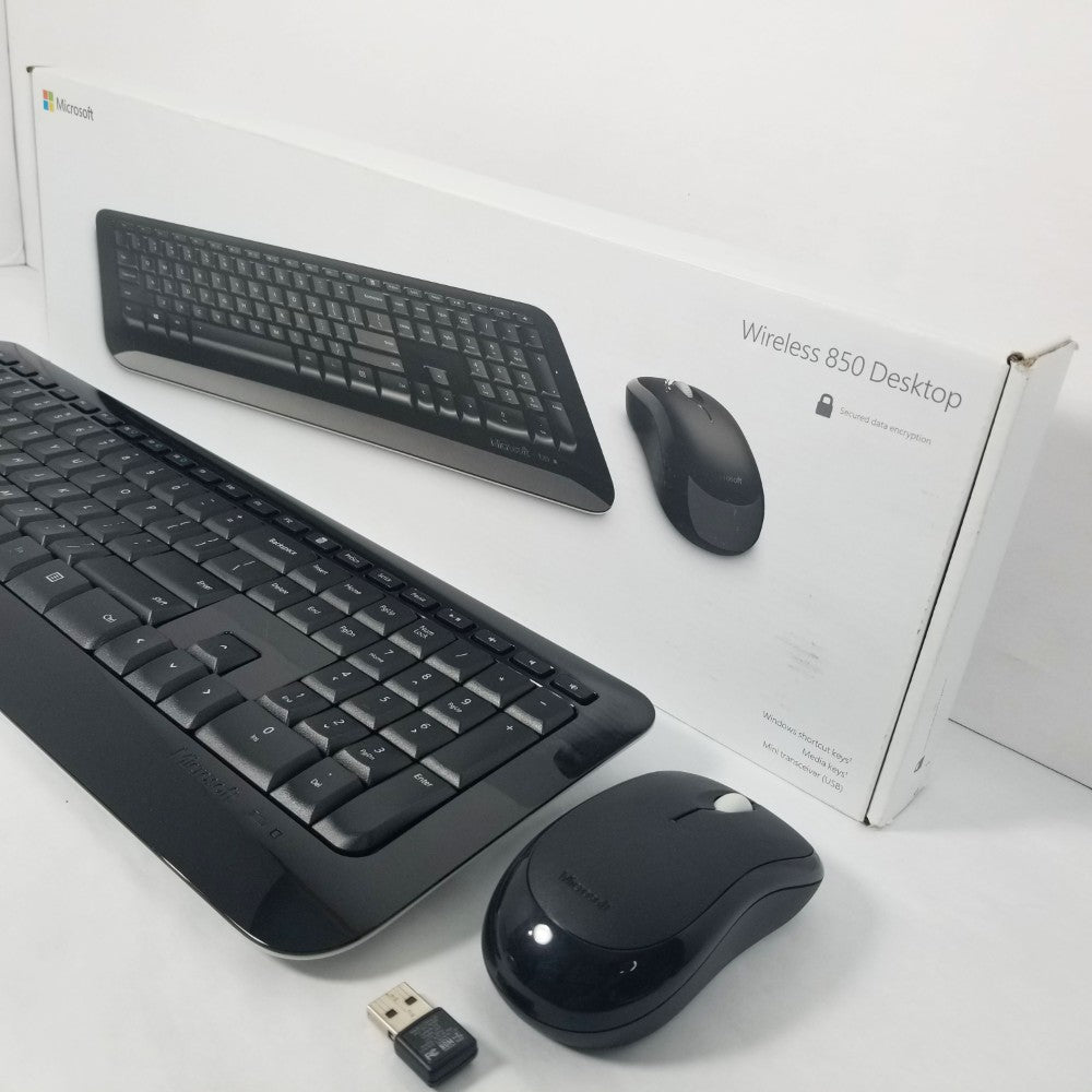 Black Microsoft Wireless Desktop 850 Keyboard, Mouse and wireless receiver with packaging.