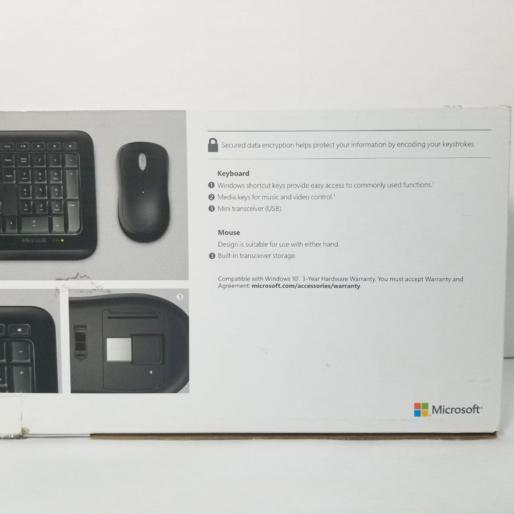 Inscriptions on the back of Microsoft wireless desktop 850 retail packaging.