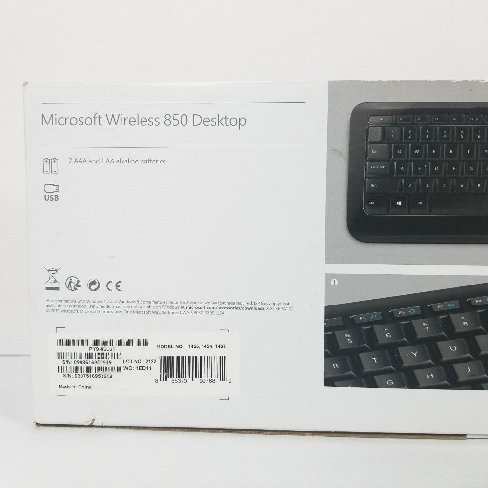 Sticker tag with product numbers on the back of Microsoft wireless desktop keyboard and mouse packaging