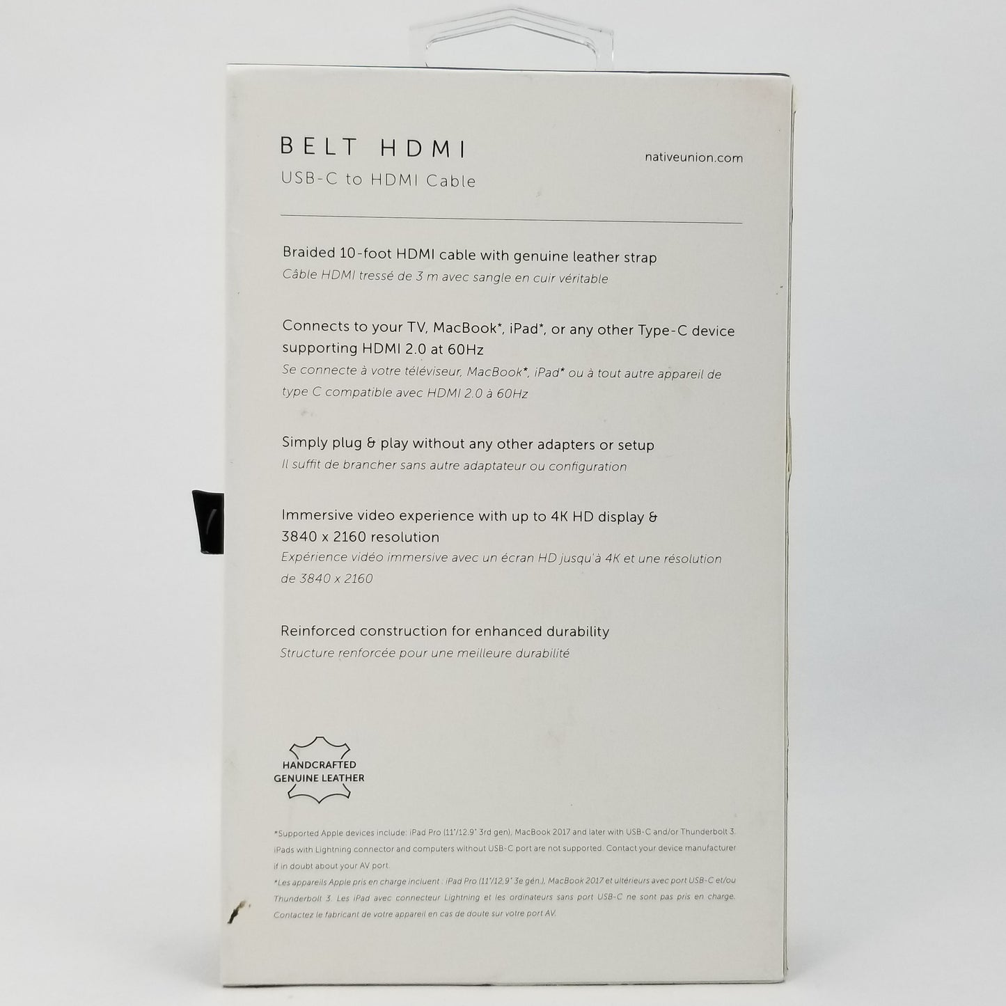 Native union USB-C to HDMI cable retail packaging, back side inscriptions against a white background.