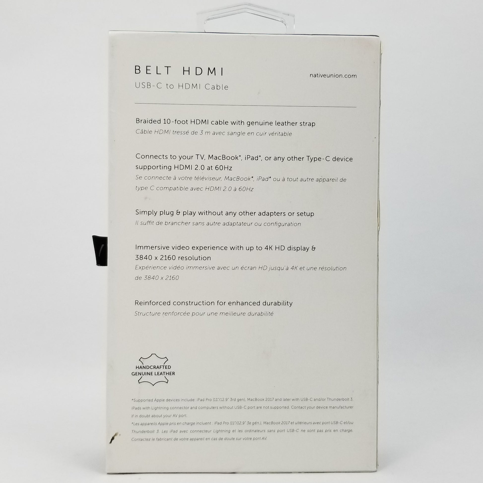Native union USB-C to HDMI cable retail packaging, back side inscriptions against a white background.