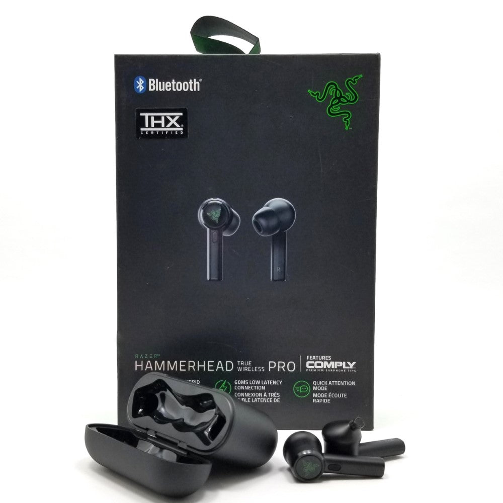 Razer hammerhead True wireless headphones, charging case, retail packaging full front