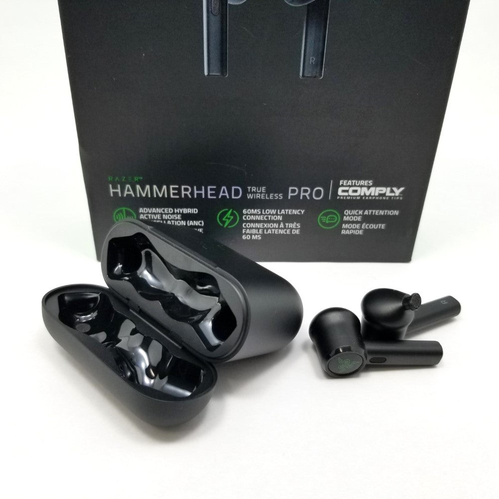 Razer hammerhead True wireless headphones, charging case and retail packaging front.
