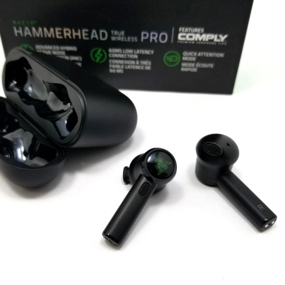Razer hammerhead True wireless headphones, charging case and retail packaging.