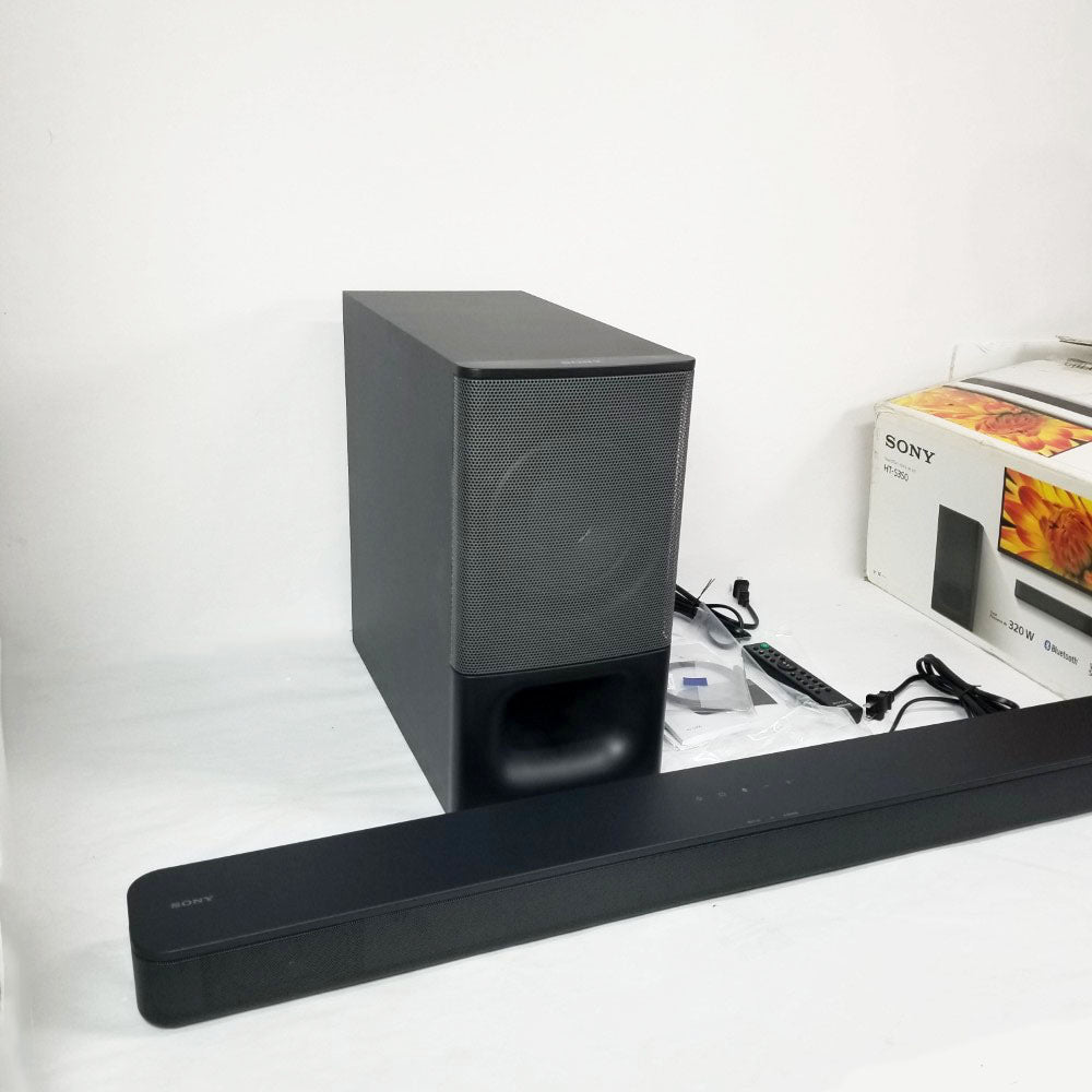 Sony soundbar with subwoofer on a white surface