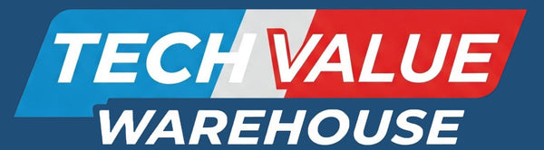 Red white and blue brand Logo showing text reading Tech Value Warehouse.